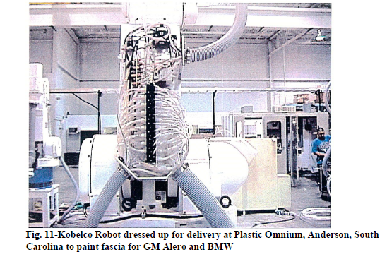 Kobelco Robot dressed up for delivery at Plastic Omnium, Anderson, South Carolina to paint fascia for GM Alero and BMW Kobelco Robot dressed up for delivery at Plastic Omnium, Anderson, South Carolina to paint fascia for GM Alero and BMW