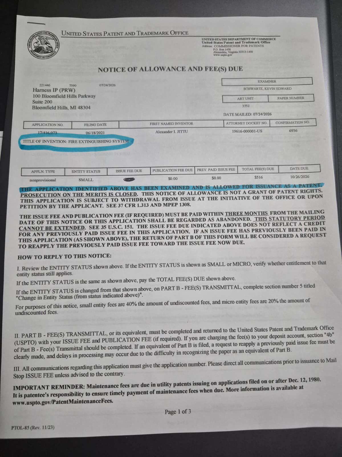 Notice_of_allowance_and_fees_due_fire_extinction_system